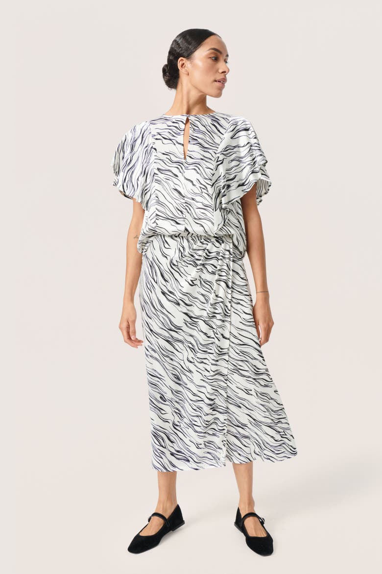 Vinka Ruffle Sleeve Round Neck Blouse, Alternate, color, White/Black Wave Print