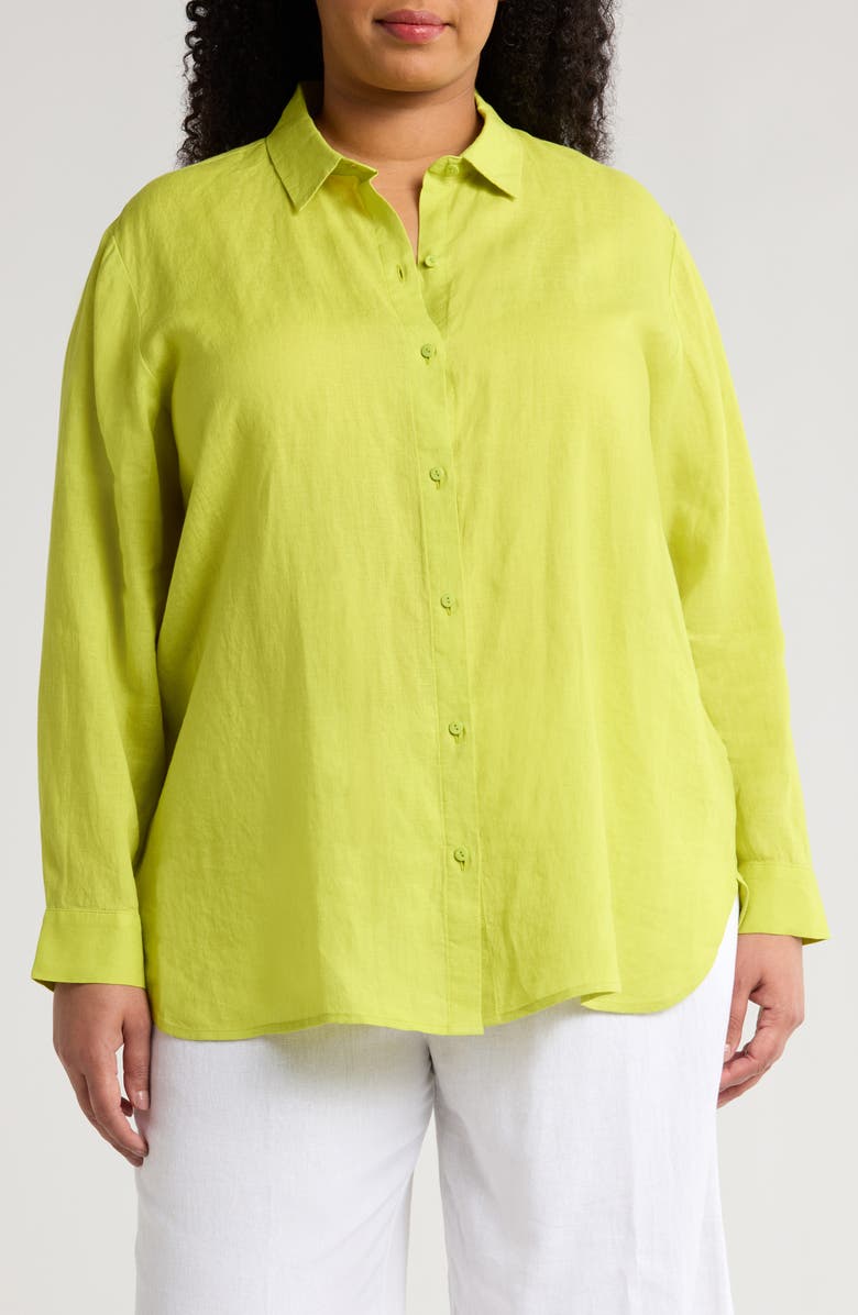 Eileen Fisher Classic Collar Organic Linen Button-Up Shirt, Main, color, Chartreuse