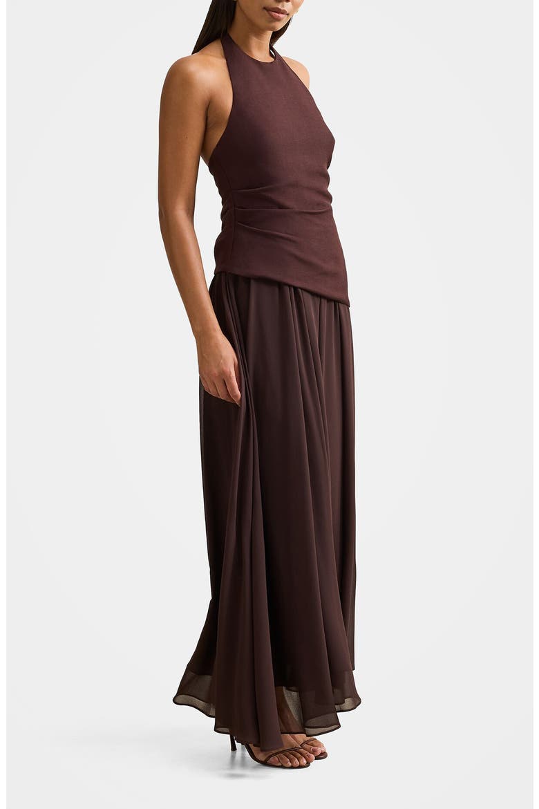 Elise Linen Blend & Chiffon Halter Maxi Dress, Alternate, color, CHOCOLATE