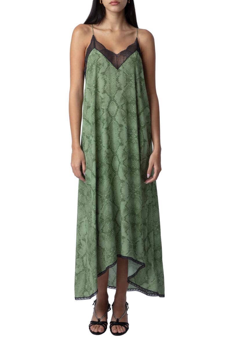Risty Python Print Lace Trim High-Low Slipdress, Main, color, KAKI