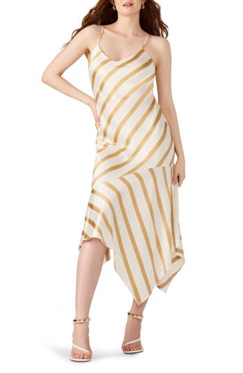 Steve Madden Lucille Stripe Asymmetric Hem Satin Midi Dress In Multi
