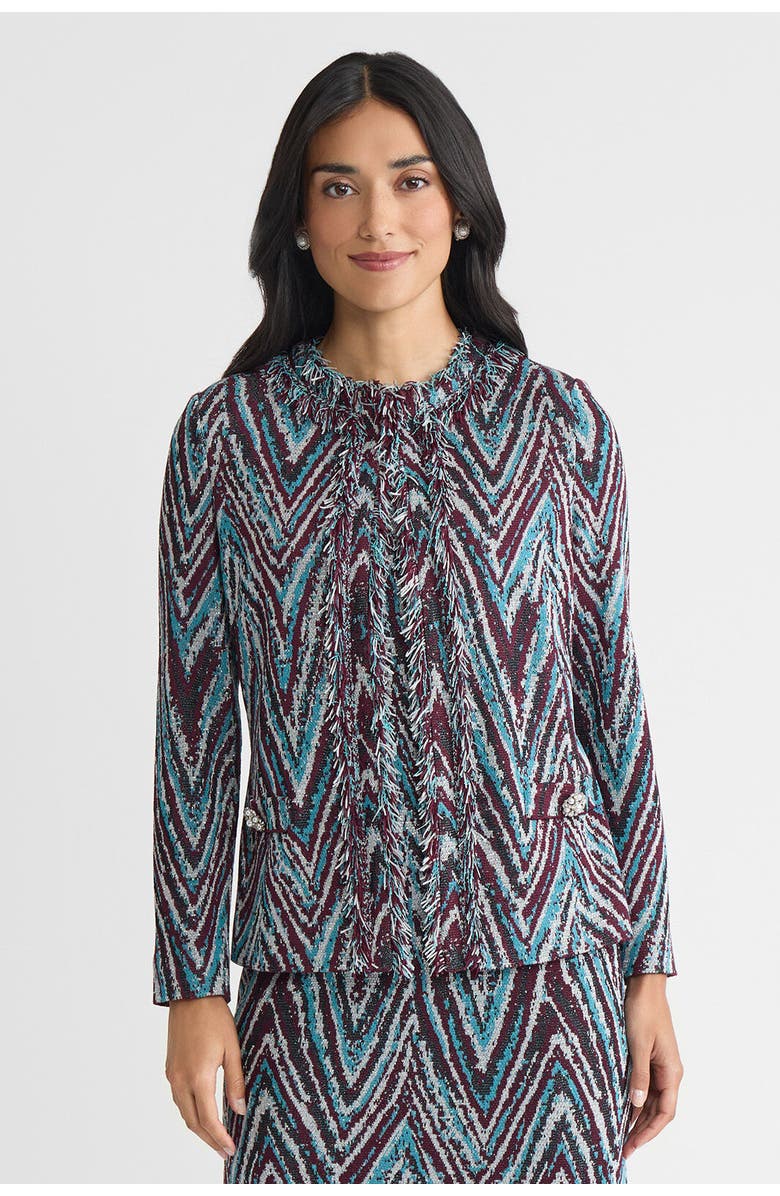 Ming Wang Heritage Lurex Fringe Trim Jacquard Knit Jacket, Main, color, Midnight Violet/Nebula