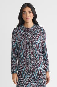 Ming Wang Heritage Lurex Fringe Trim Jacquard Knit Jacket