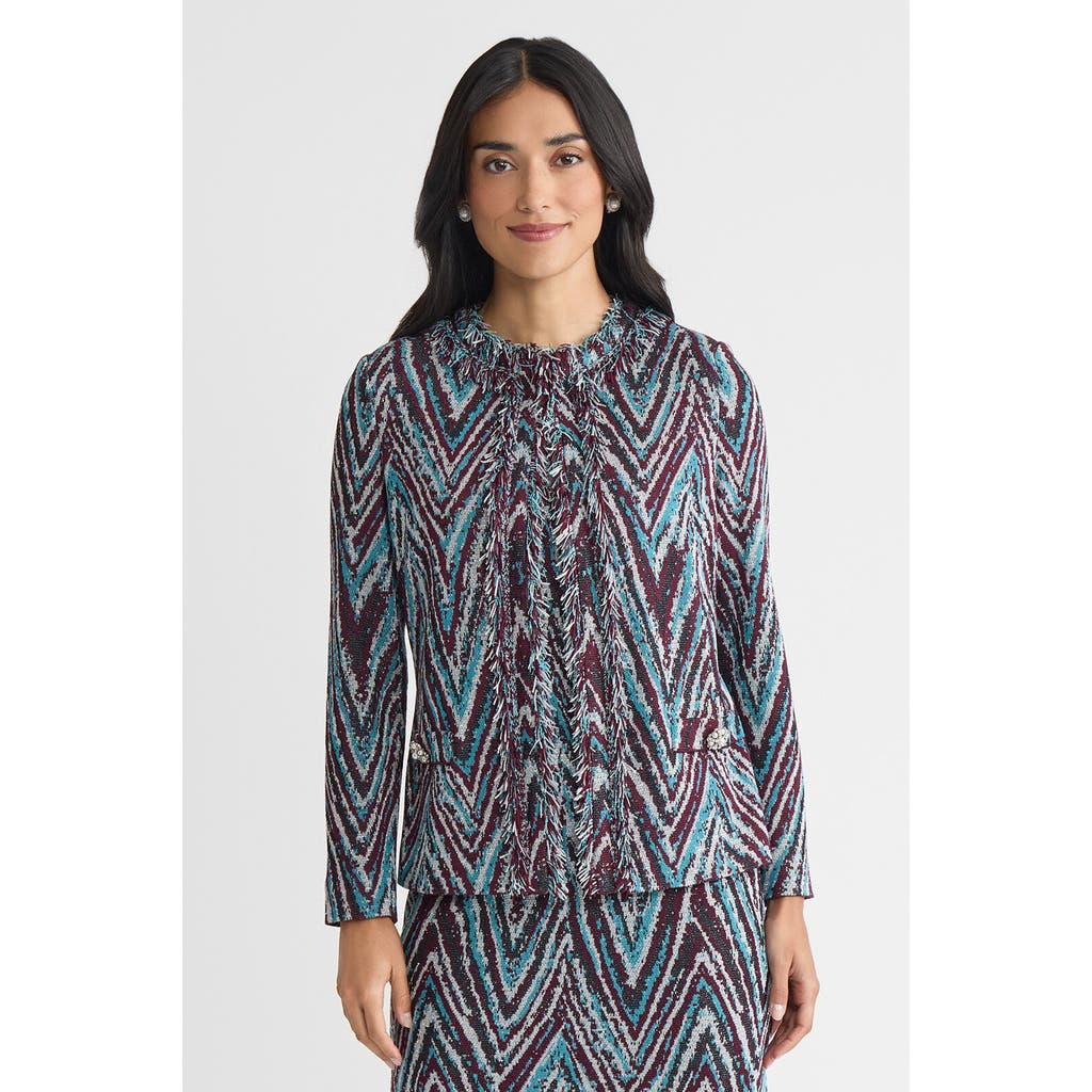 Ming Wang Heritage Lurex Fringe Trim Jacquard Knit Jacket In Multi