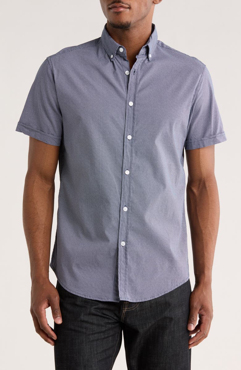 DENIM AND FLOWER Geometric Print Short Sleeve Button-Down Shirt, Main, color, Navy