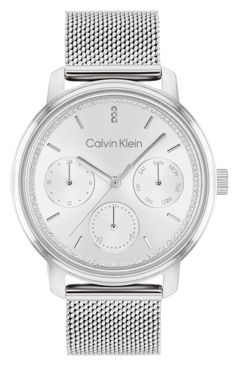 Calvin Klein Shimmer Mesh Strap Watch, 36mm, Main, color, Silver