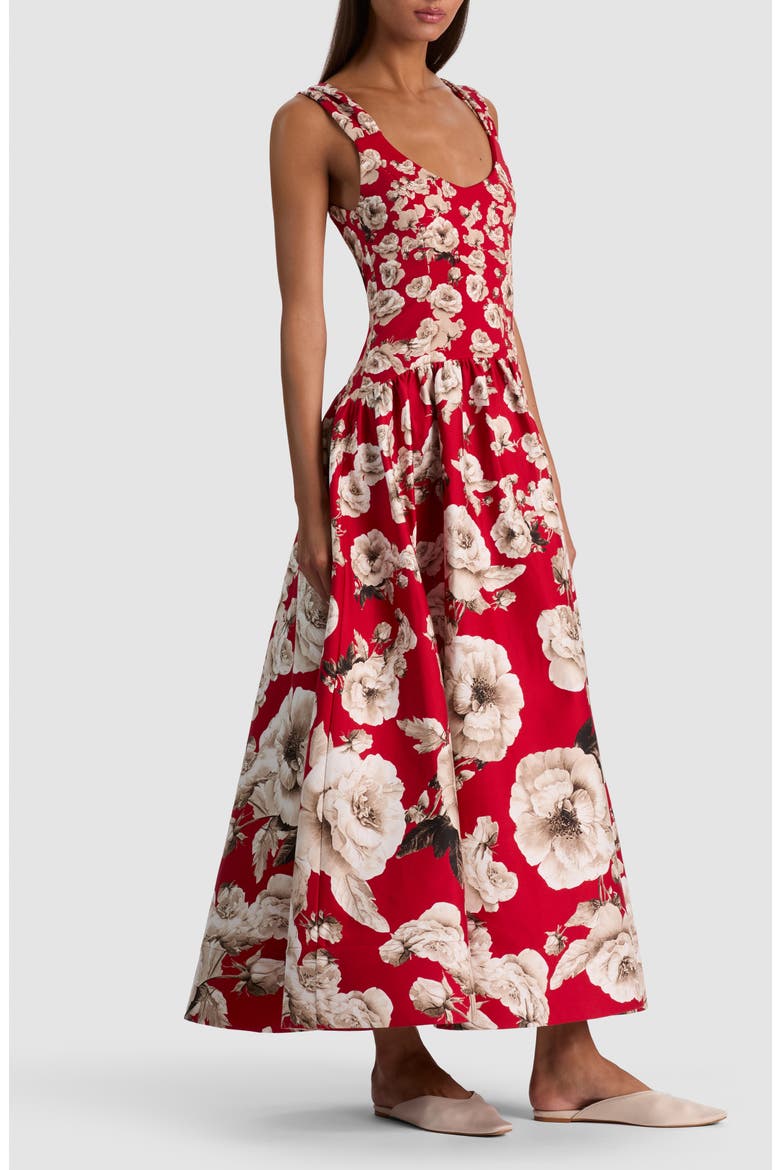 Oriana Floral Cotton Blend Midi Dress, Alternate, color, ROSE GARDEN HIBISCUS