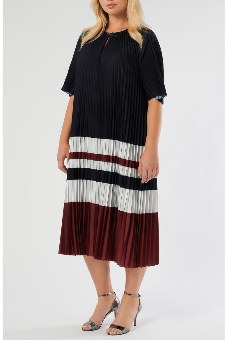 Calibri Colorblock Pleated Crêpe de Chine Dress, Main, color, CHERRY