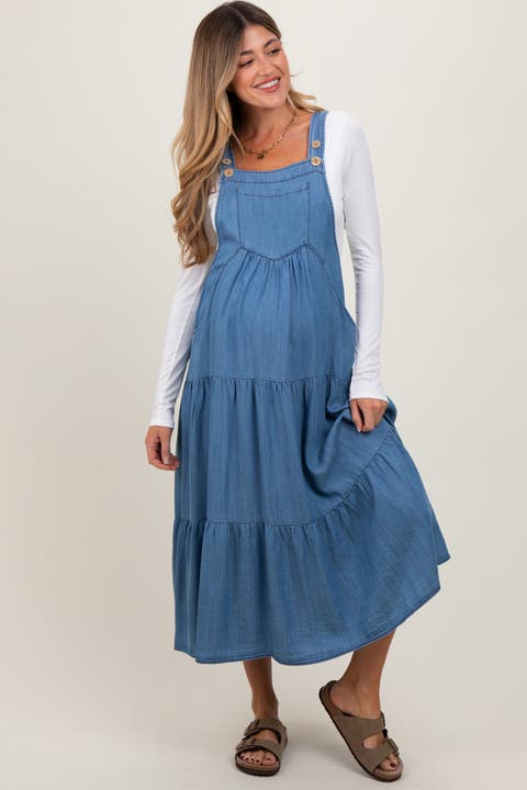 Chambray Overall Tiered Midi Dress