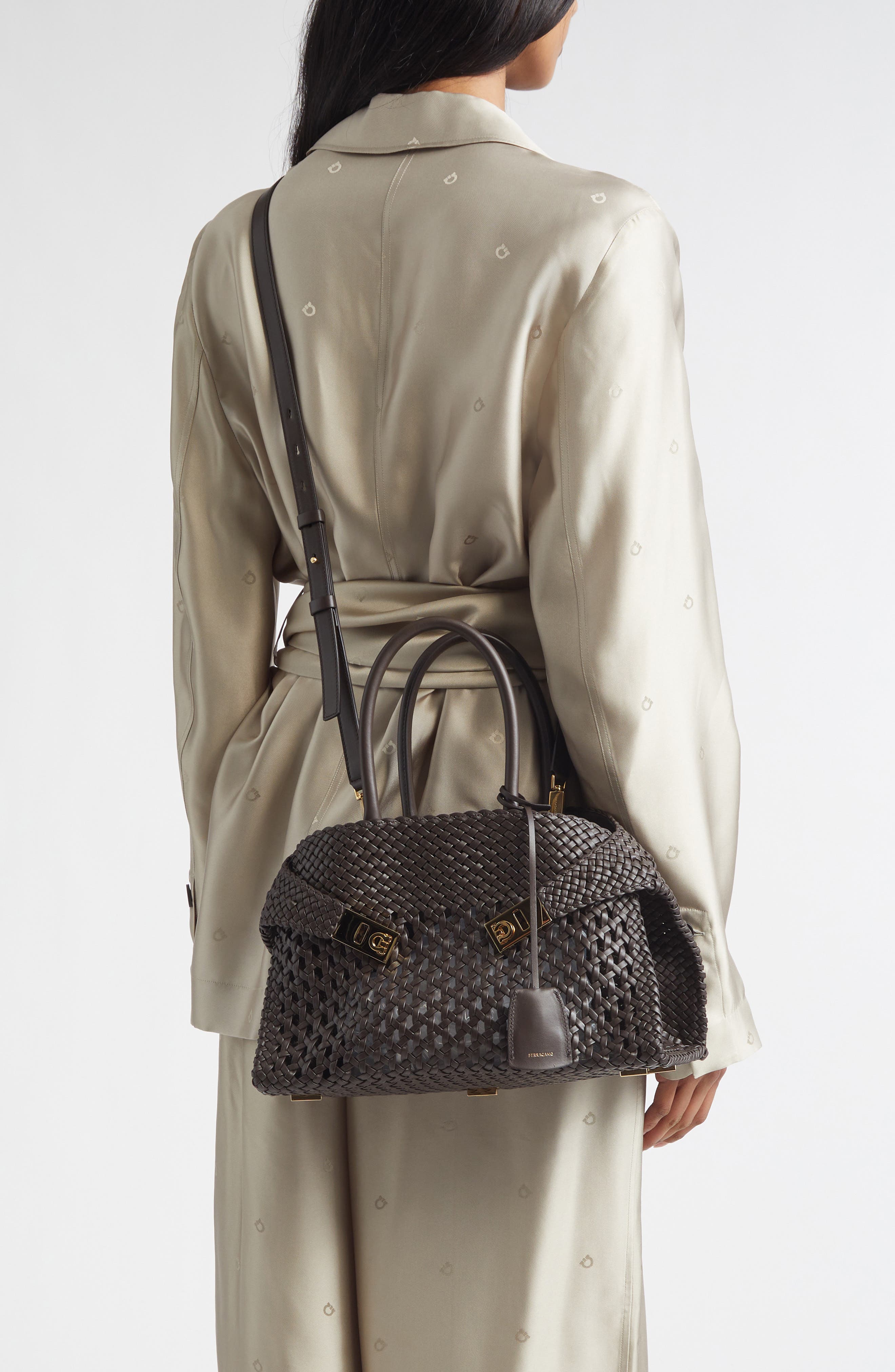 FERRAGAMO Small Hug Woven Leather Top Handle Bag, Alternate, color, Testa Di Moro