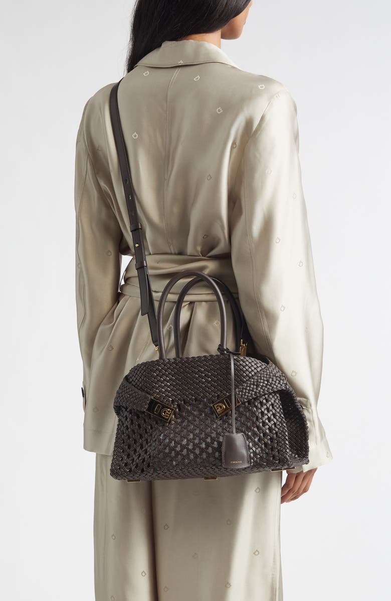 FERRAGAMO Small Hug Woven Leather Top Handle Bag, Alternate, color, Testa Di Moro
