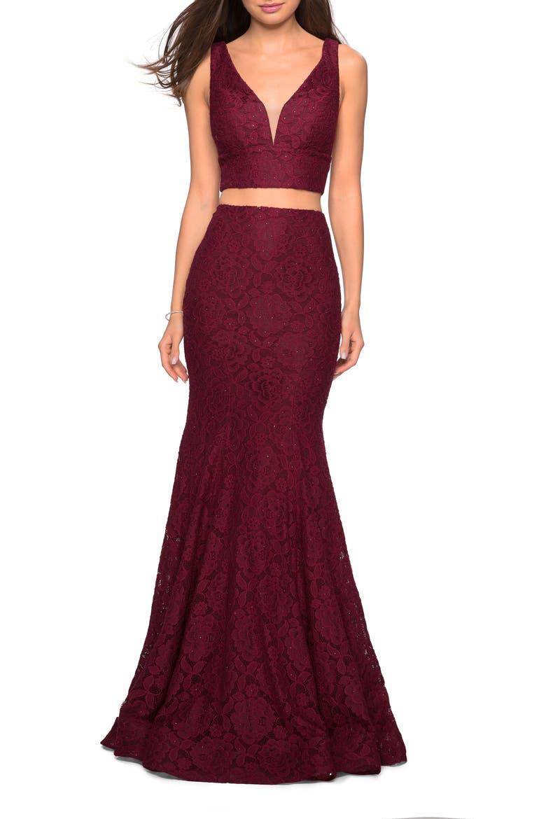 Two-Piece Stretch Lace Mermaid Gown, Main, color, WINE