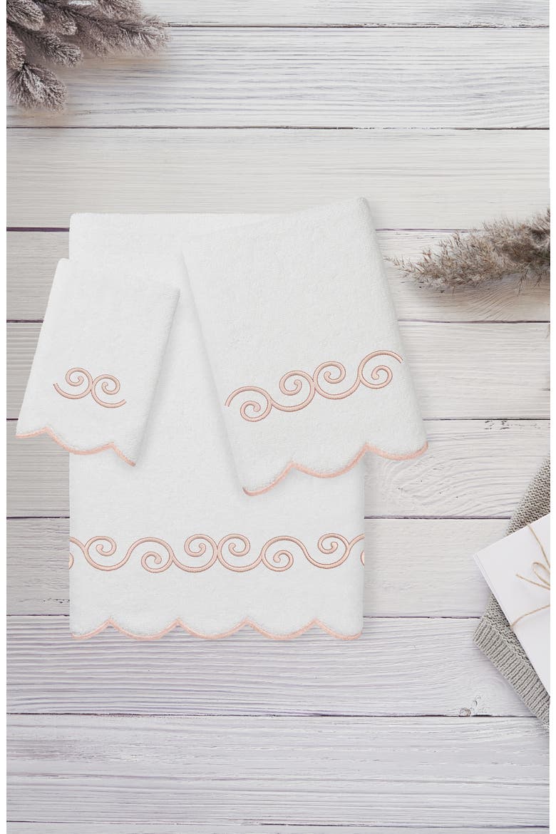 Symmetra Scallop 3-Piece Turkish Cotton Towel Set, Alternate, color, WHITE/ PINK