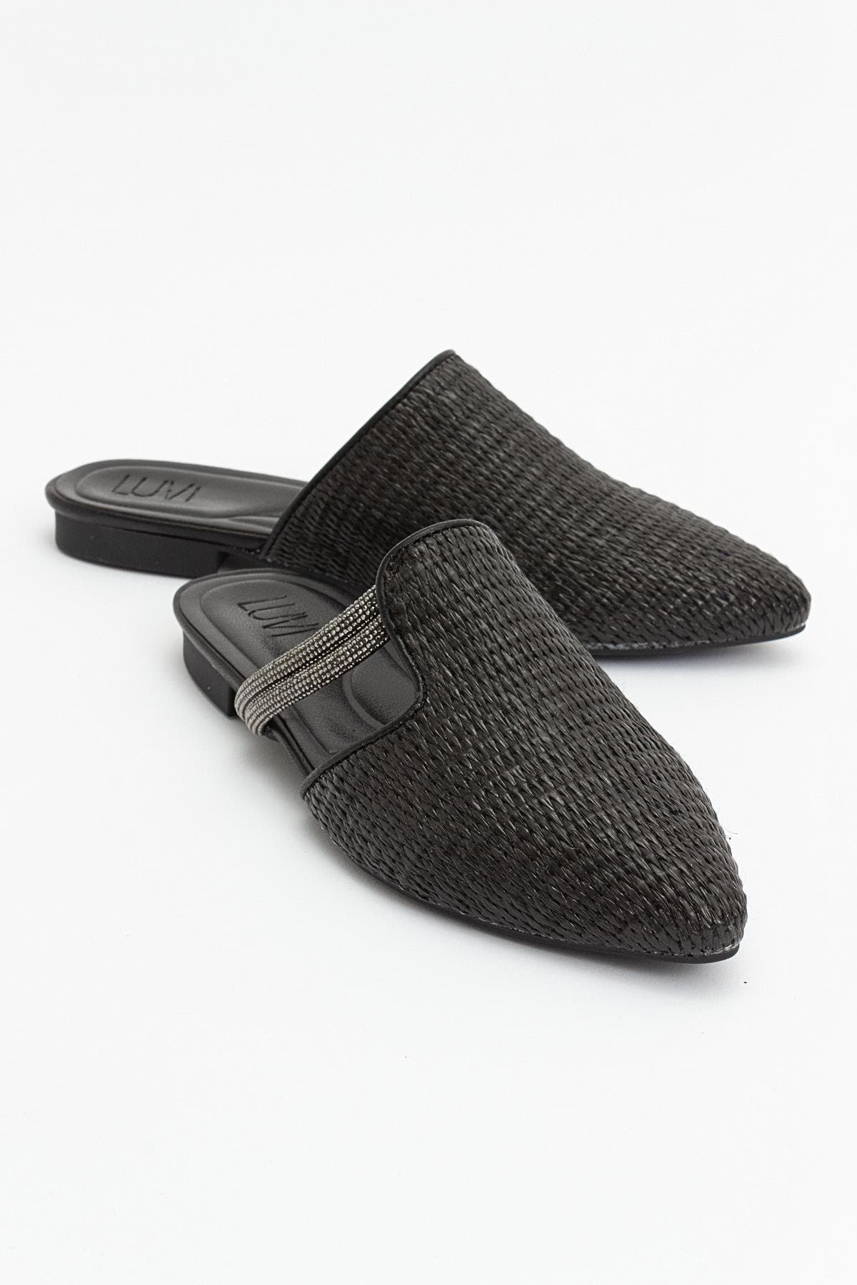 Prologue Shoes Pesa Woven Slippers, Main, color, Black Faux Leather