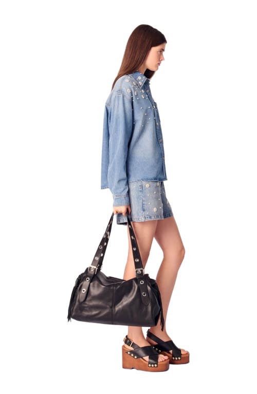 Maje Denim Shirt With Embroidered Beads In Blue
