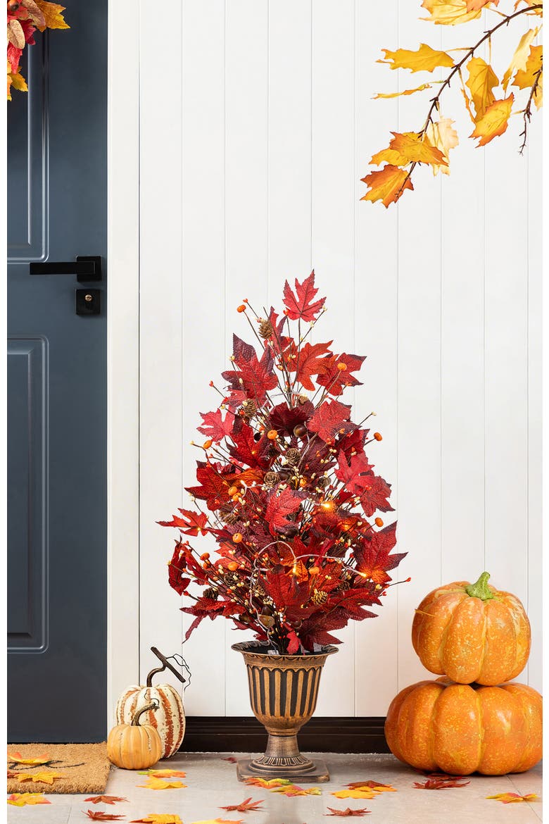 Fall Lighted Maple Leaves Urn Potted Porch Tree With Timer, Alternate, color, Burgundy