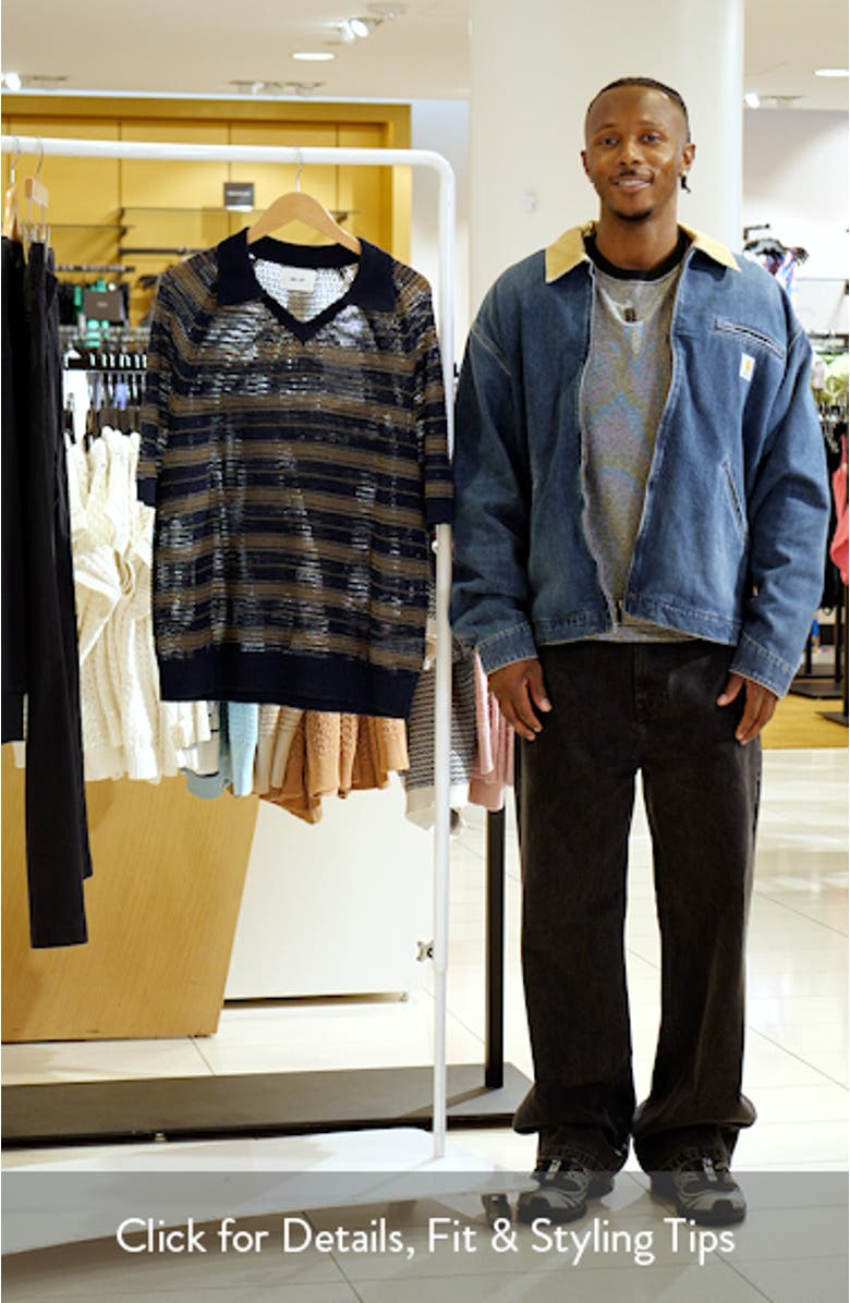 Cale 60056 Stripe Johnny Collar Openwork Linen & Cotton Polo Sweater, sales video thumbnail