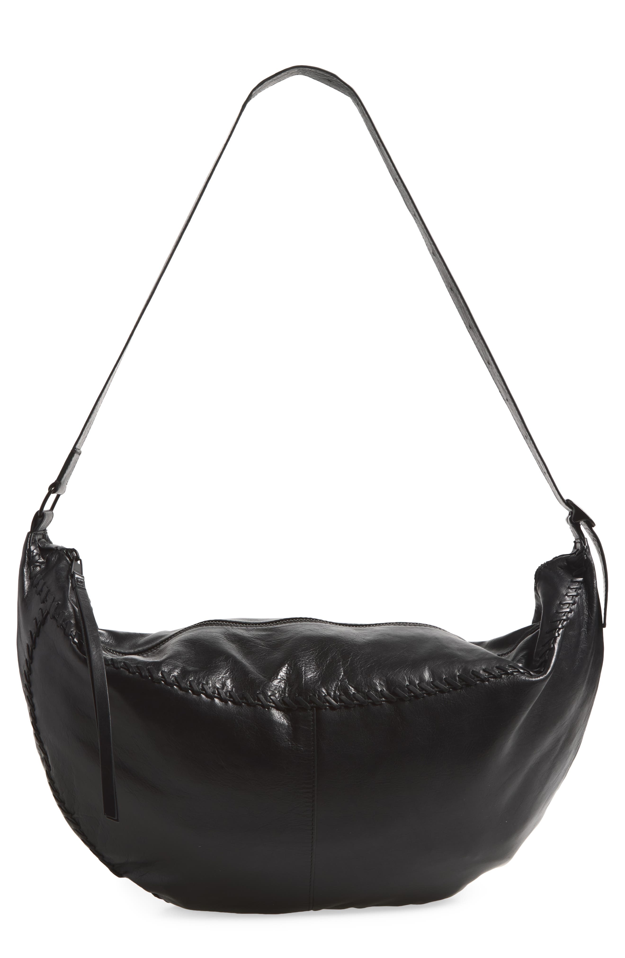 Slouch Whipstitched Leather Shoulder Bag, Main, color, BLACK