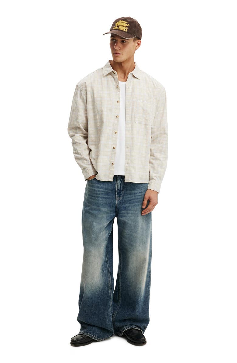 Cotton On Men's Remi Long Sleeve Shirt, Alternate, color, Stone Textured Check