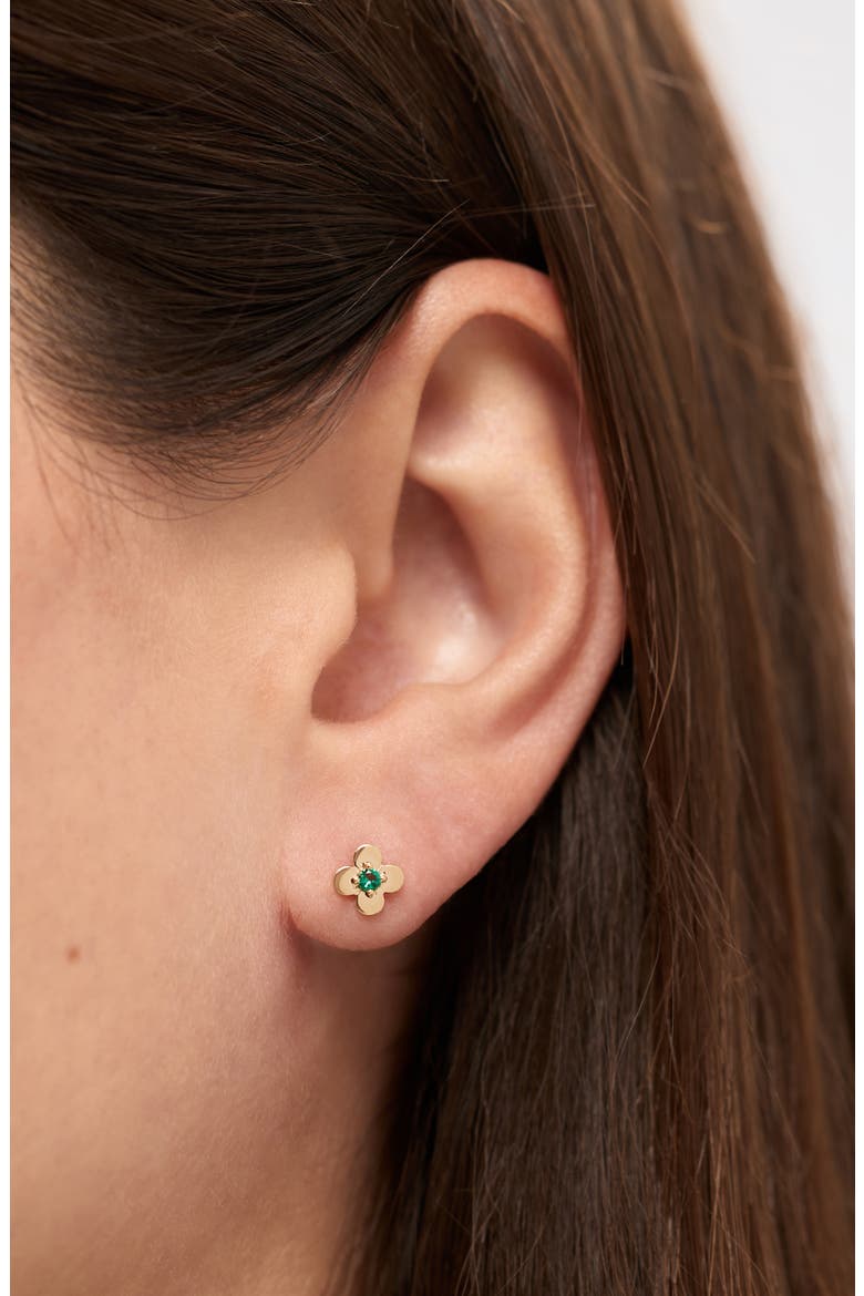 Solid Yellow Gold - Mini Flower Studs, Alternate, color, Emerald