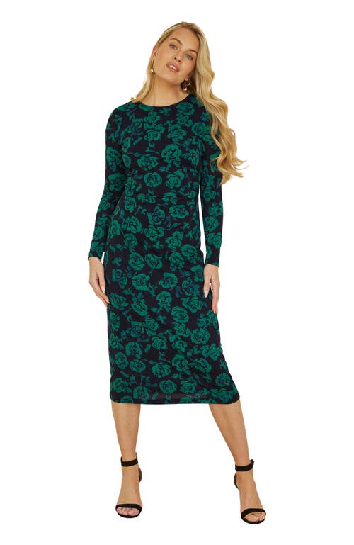 Yumi Floral Fitted Mesh Midi Dress In Green