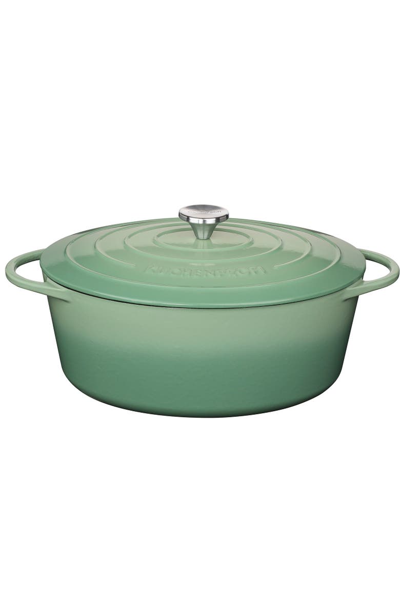 Provence Enameled Cast Iron Oval Dutch Oven, 13" L, 7.4 qt, Main, color, Jade