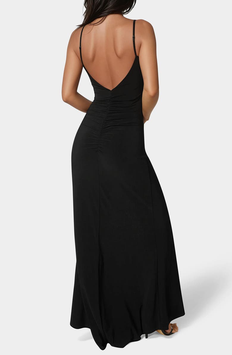 bebe Ruched High Slit Maxi Dress, Alternate, color, Black