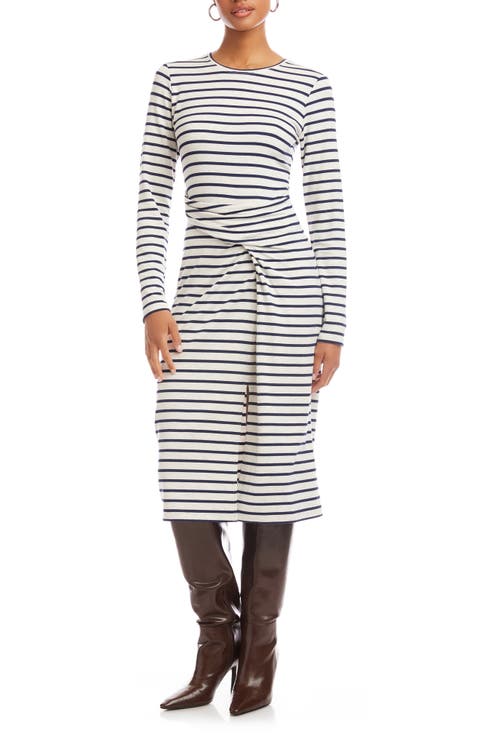 Sadie Stripe Side Drape Midi Dress