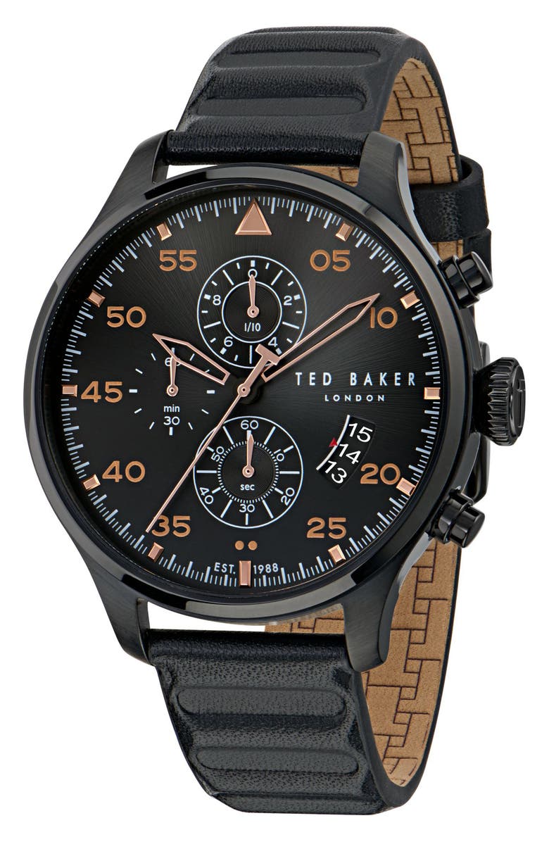 Ted Baker Fulmaar Chronograph Leather Strap Watch, 44mm, Main, color, Black