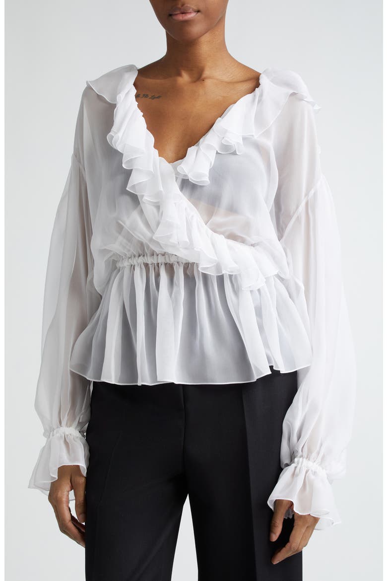 Ruffle Long Sleeve Silk Chiffon Top, Alternate, color, BIANCO OTTICO