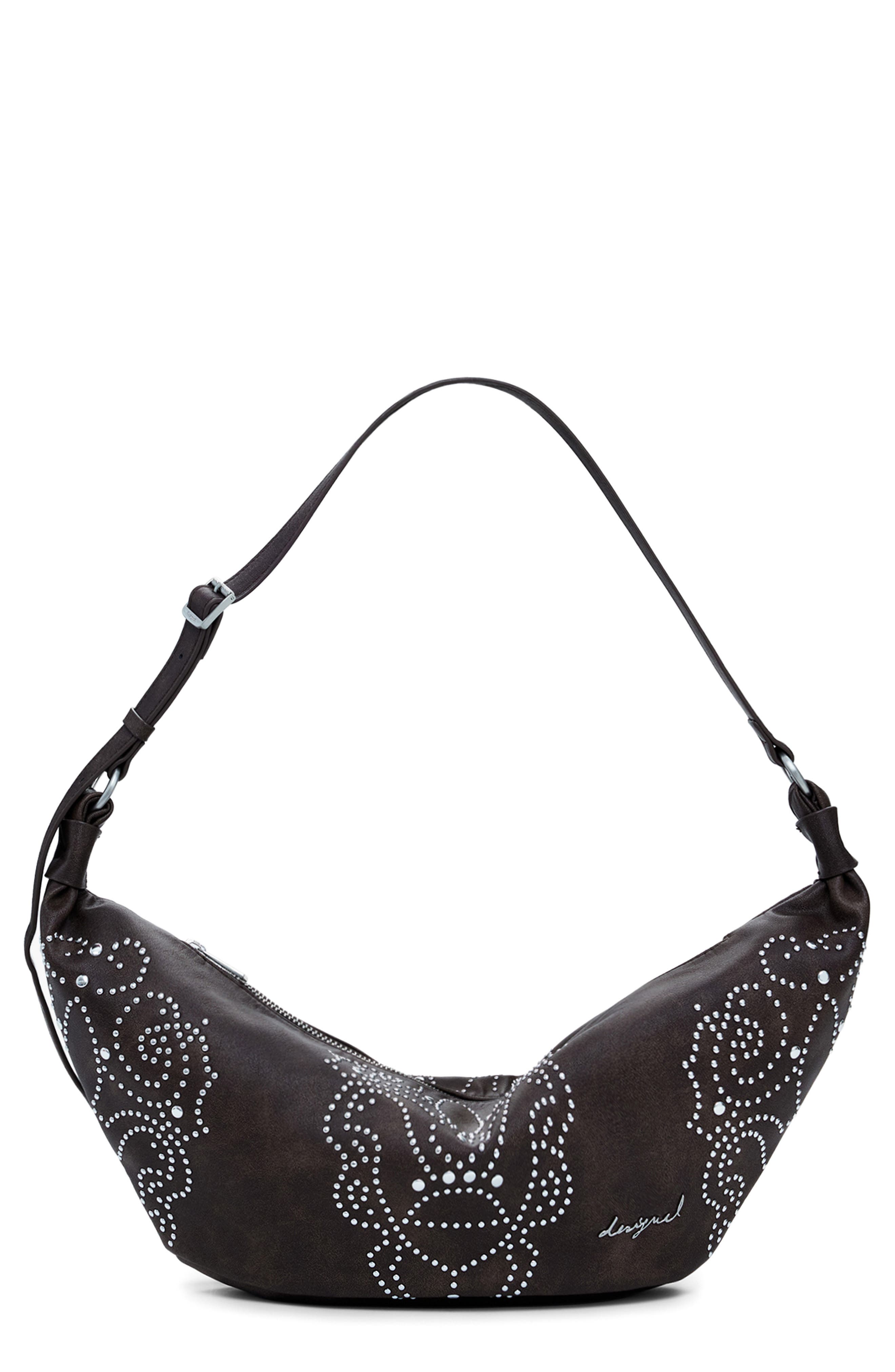Desigual Studded Faux Leather Shoulder Bag, Main, color, Dark Brown