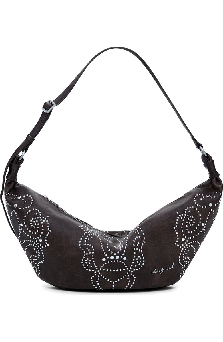 Desigual Studded Faux Leather Shoulder Bag, Main, color, Dark Brown