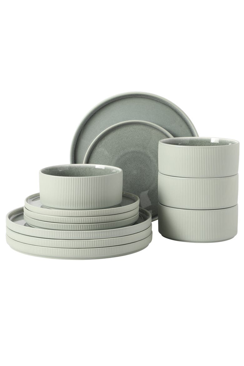 Redrock Canyon 12-Piece New Bone China Plates and Bowls Dinnerware Set, Main, color, Grey