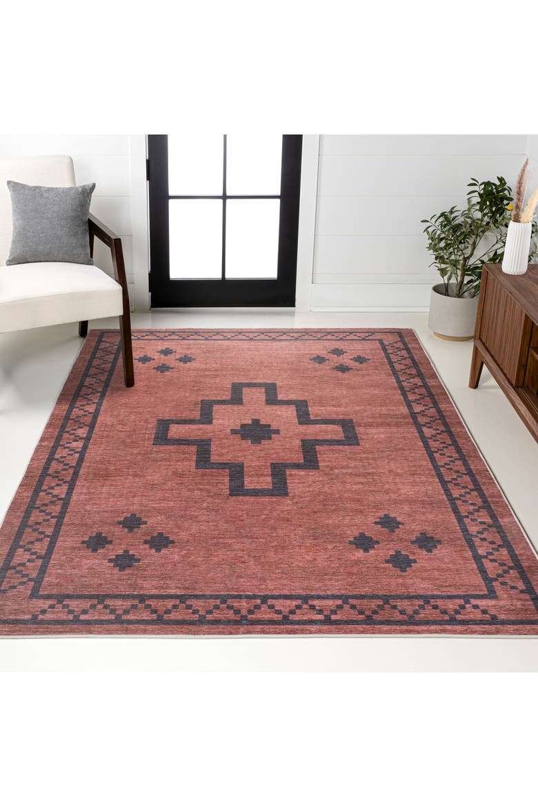 Korsa Geometric Medallion Machine-Washable Area Rug, Alternate, color, Red/Dark Gray
