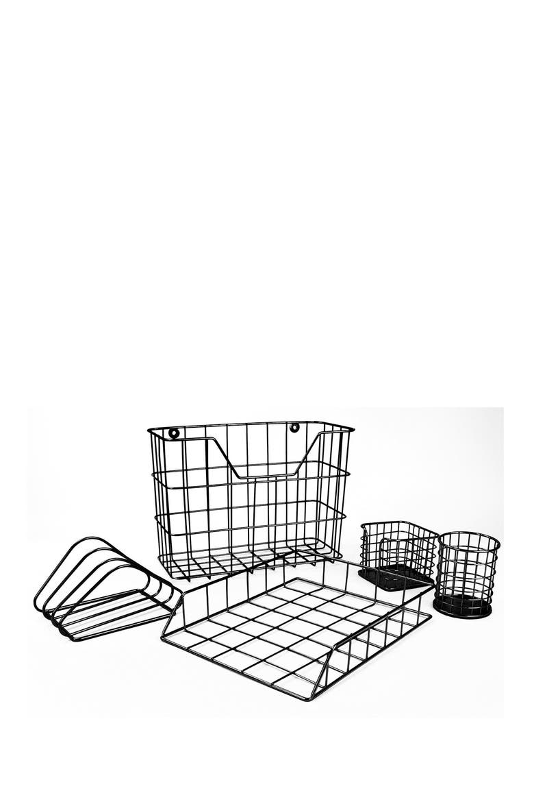 Copper Wire Metal Desk Organizer 5-Piece Set, Main, color, BLACK