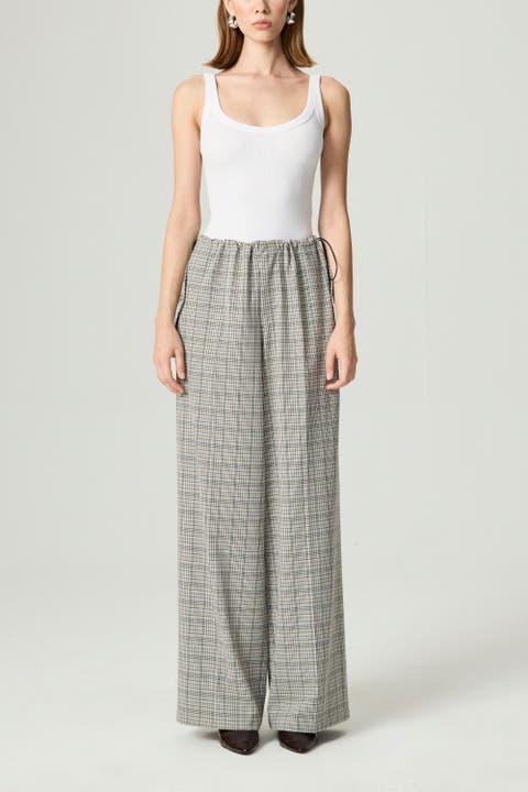 Plaid Wide-Leg Drawstring Pants