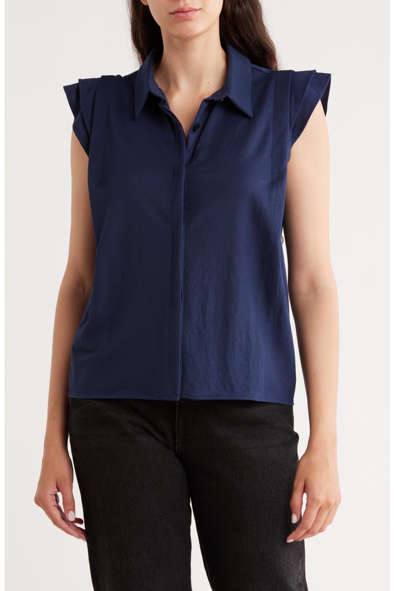 Cap Sleeve Piqué Button-Up Top, Main, color, NAVY