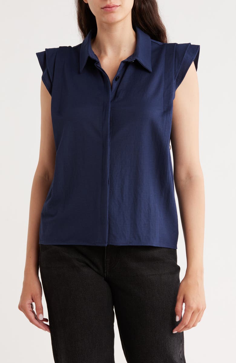 Bobeau Cap Sleeve Piqué Button-Up Top, Main, color, Navy