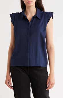 Bobeau Cap Sleeve Piqué Button-Up Top