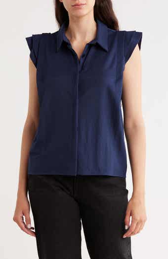 Bobeau Cap Sleeve Piqué Button-Up Top