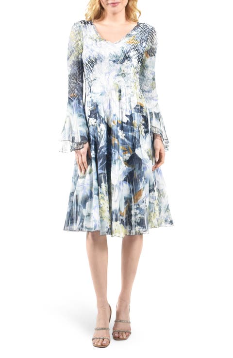Long Bell Sleeve Charmeuse & Chiffon A-Line Dress