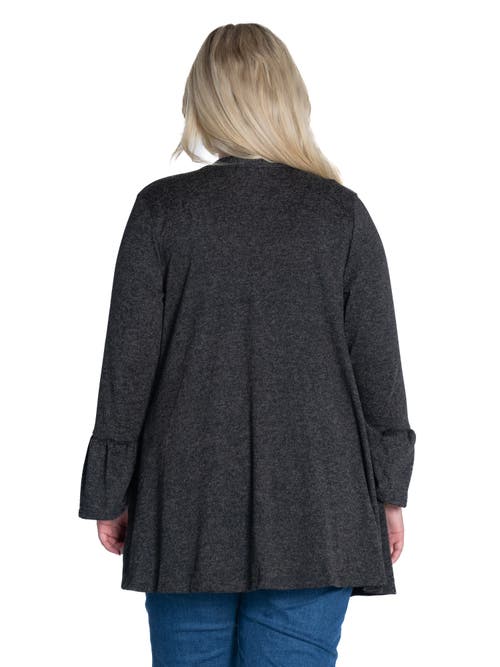 24seven Comfort Apparel Plus Size Knit Three Quarter Bell Sleeve Open Cardigan In Black