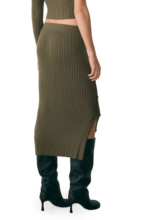 Mango Side Button Rib Sweater Skirt In Khaki Green