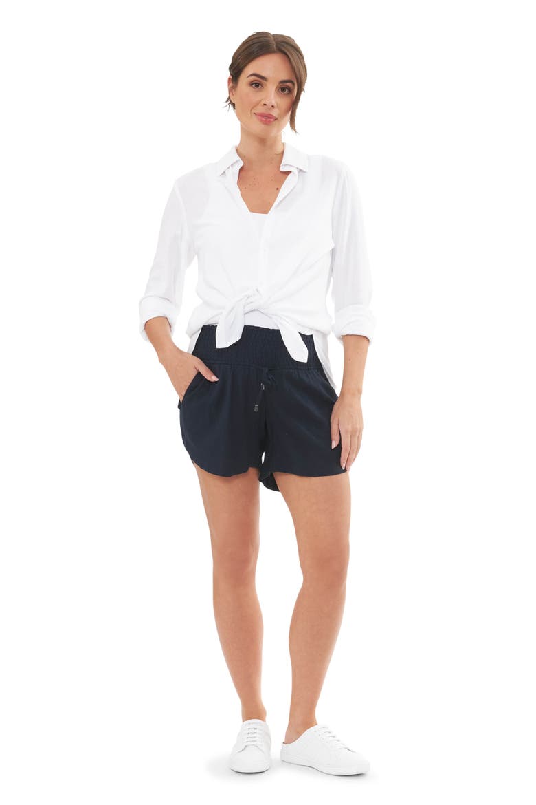 Indi Shirred Maternity Linen Short With Smocked Waist, Alternate, color, NAVY