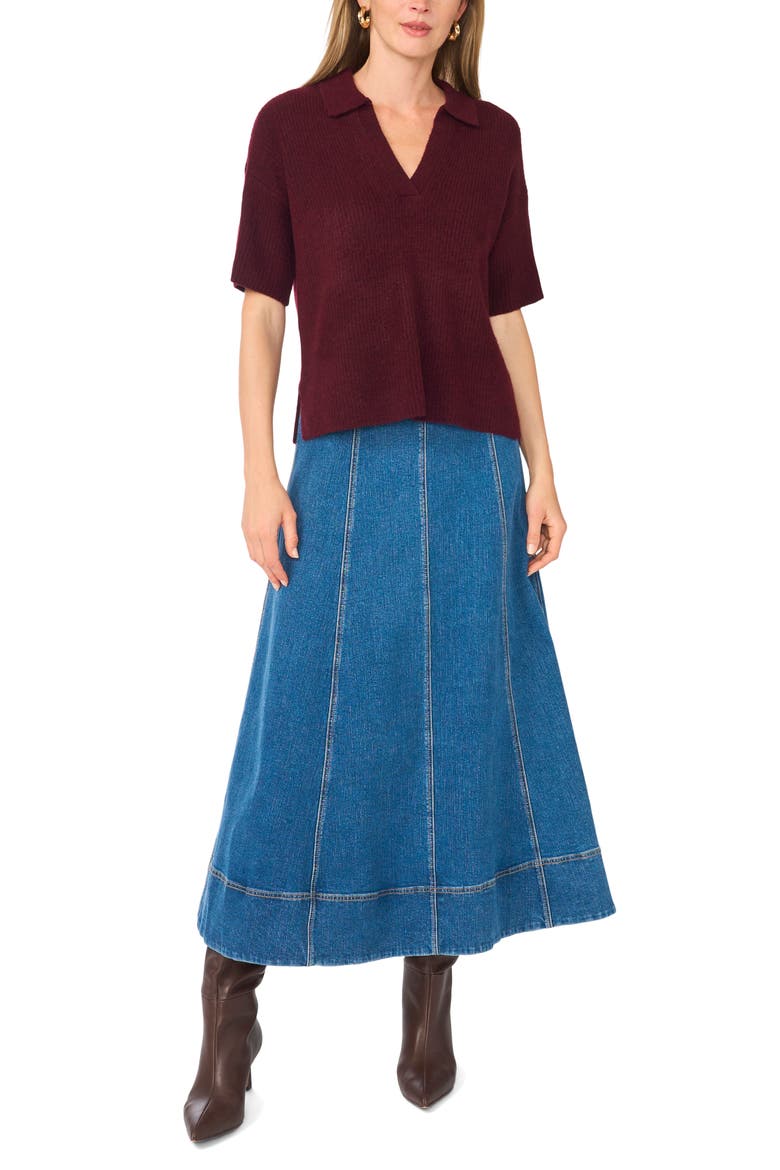 Short Sleeve Johnny Collar Sweater, Alternate, color, WINE