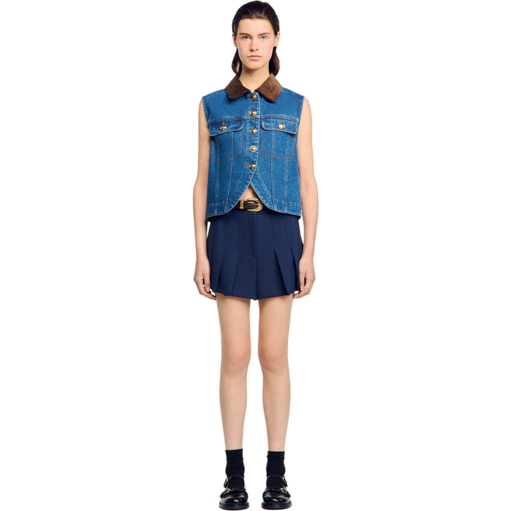 Sandro Womens Blue Jean Contrast-collar Button-down Sleeveless Denim Jacket In Blue