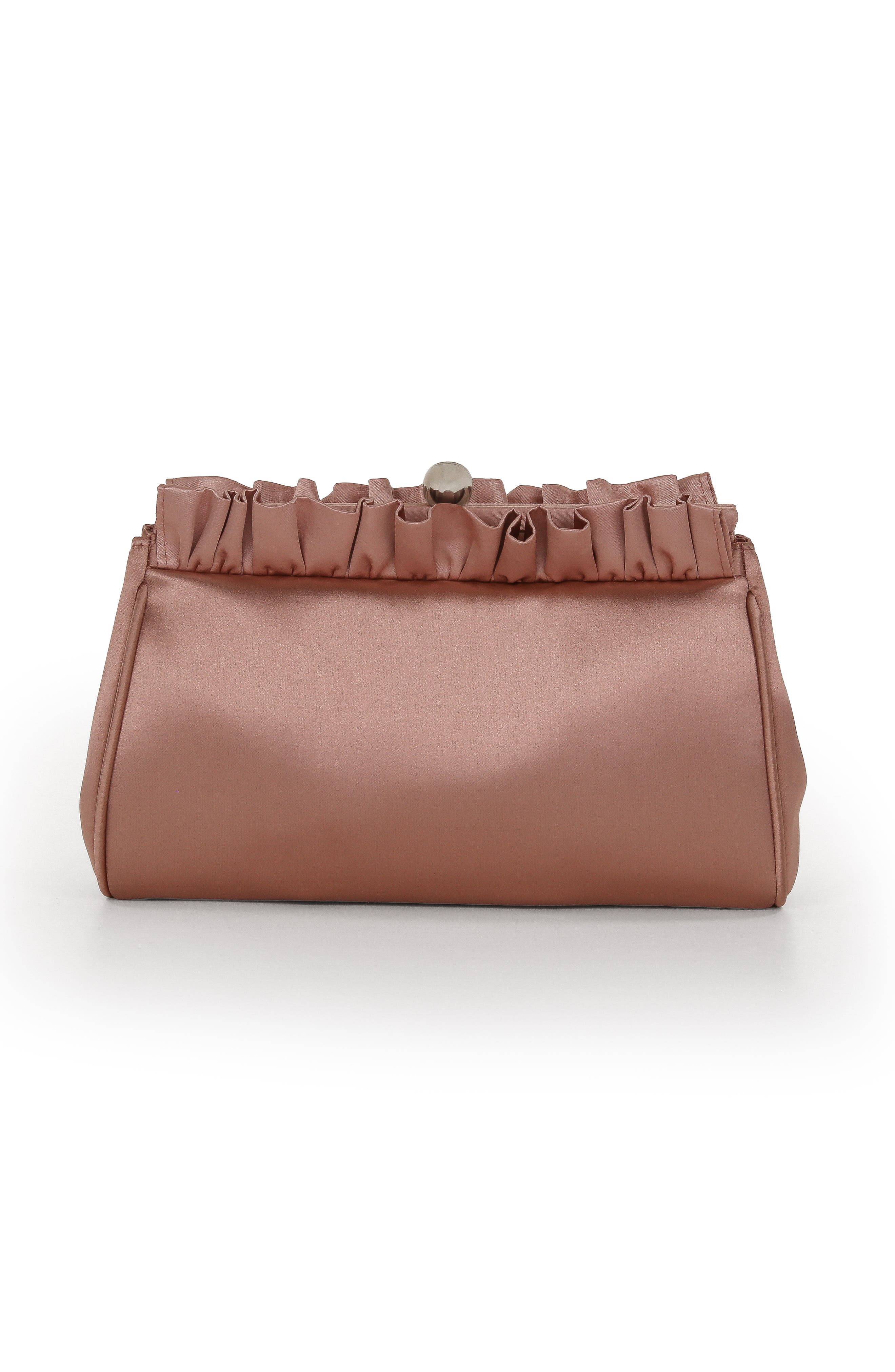 Jewel Badgley Mischka Olivia Satin Ruffle Top Pouch Clutch, Alternate, color, English Rose