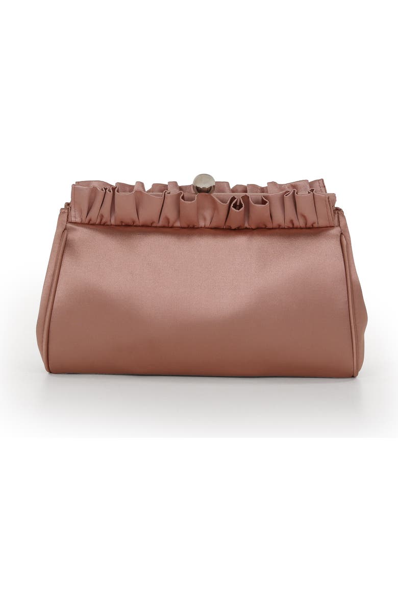 Jewel Badgley Mischka Olivia Satin Ruffle Top Pouch Clutch, Alternate, color, English Rose
