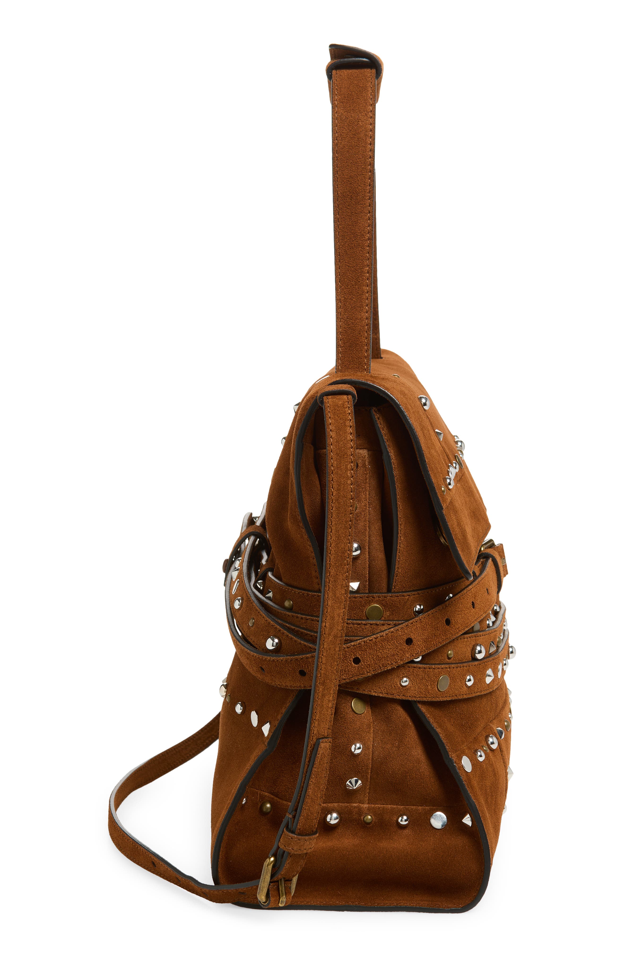 Moschino Tie Me Studded Suede Shoulder Bag, Alternate, color, Brown