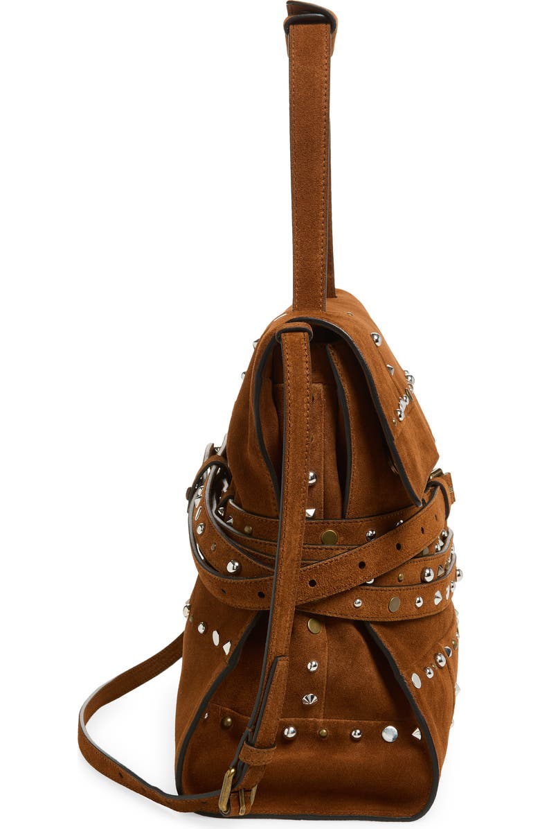 Moschino Tie Me Studded Suede Shoulder Bag, Alternate, color, Brown